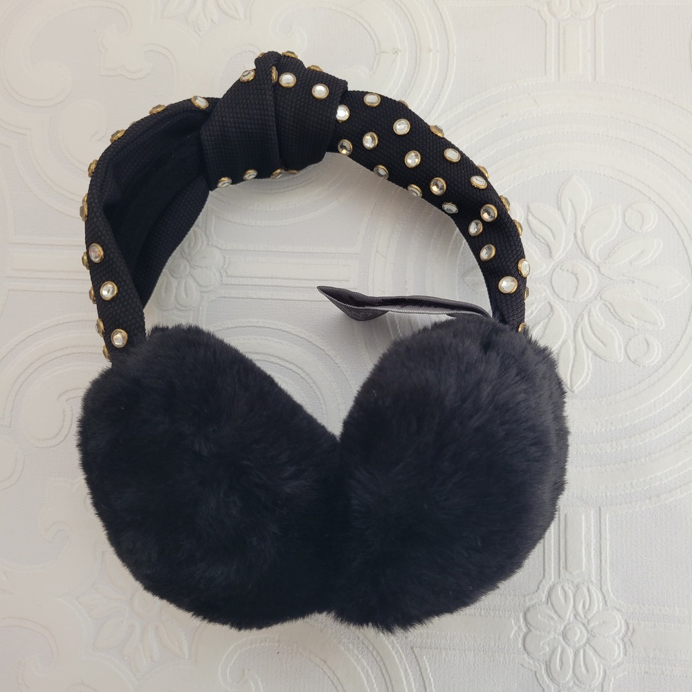 Vince Camuto Earmuffs Black Embellished Studded‎ Knot Faux Fur One Size Cozy